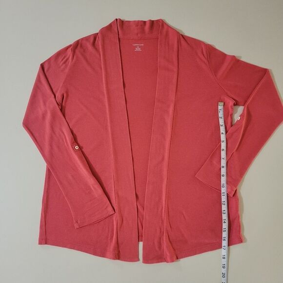 Lands' End Women's Coral Orange Long Sleeve Knit Open Front Cardigan - Picture 5 of 12